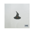A needlepoint canvas featuring a small pixelated black witch hat with a tiny orange accent, on a white mesh grid with the 'Angels & Art' brand logo in the bottom right corner.