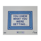 A square cross-stitch sampler card featuring the text 'YOU KNEW WHAT YOU WERE GETTING.